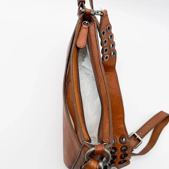 Frye Claire Leather Shoulder Bag Buckle Grommet Zip Top Cognac Brown NEW - Picture 15 of 16